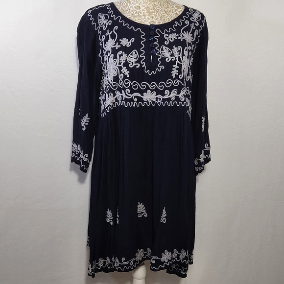 Exist Dress Tunic Blue Floral Embroidered Pullover Baby Doll Women Size M Boho - Picture 2 of 16